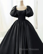Ball Gown Black Satin Wedding Dress Puffy Sleeves