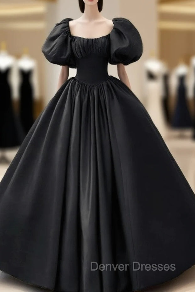 Ball Gown Black Satin Wedding Dress Puffy Sleeves