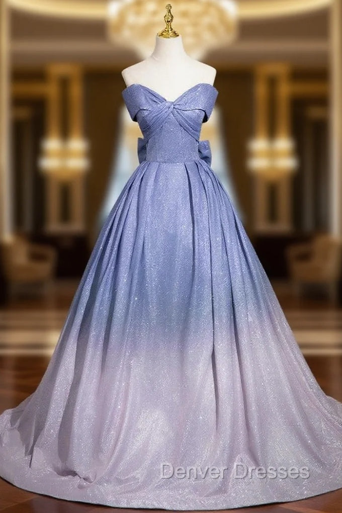 Ball Gown Blue Off the Shoulder Bow Prom Dress Main image