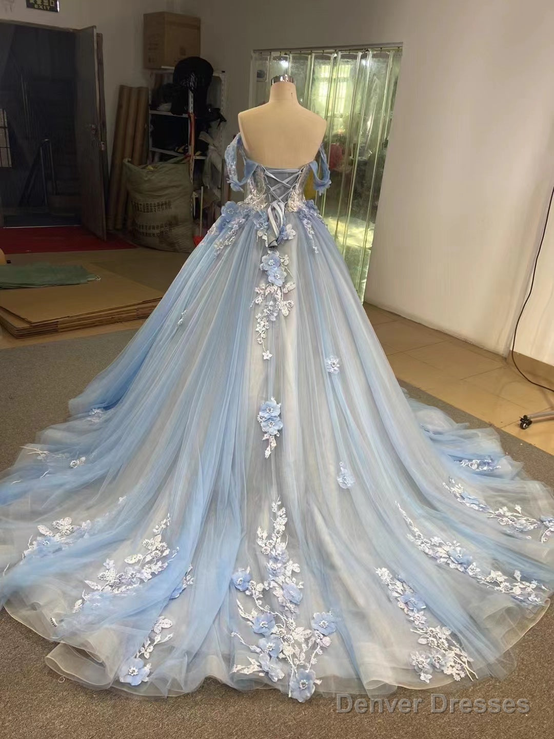 Ball Gown Blue Prom Dresses Lace Tulle Off Shoulder Evening Party Dress Secondary image