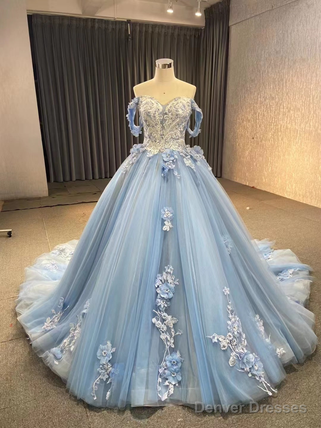 Ball Gown Blue Prom Dresses Lace Tulle Off Shoulder Evening Party Dress Main image