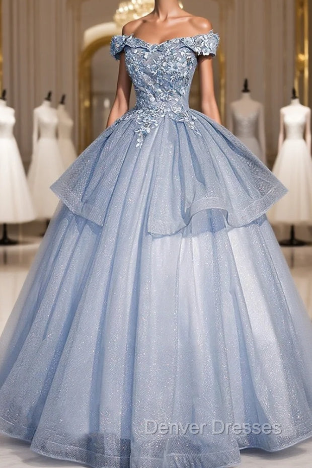 Ball Gown Blue Tulle Lace Long Party Dress, Off the Shoulder Evening Dress