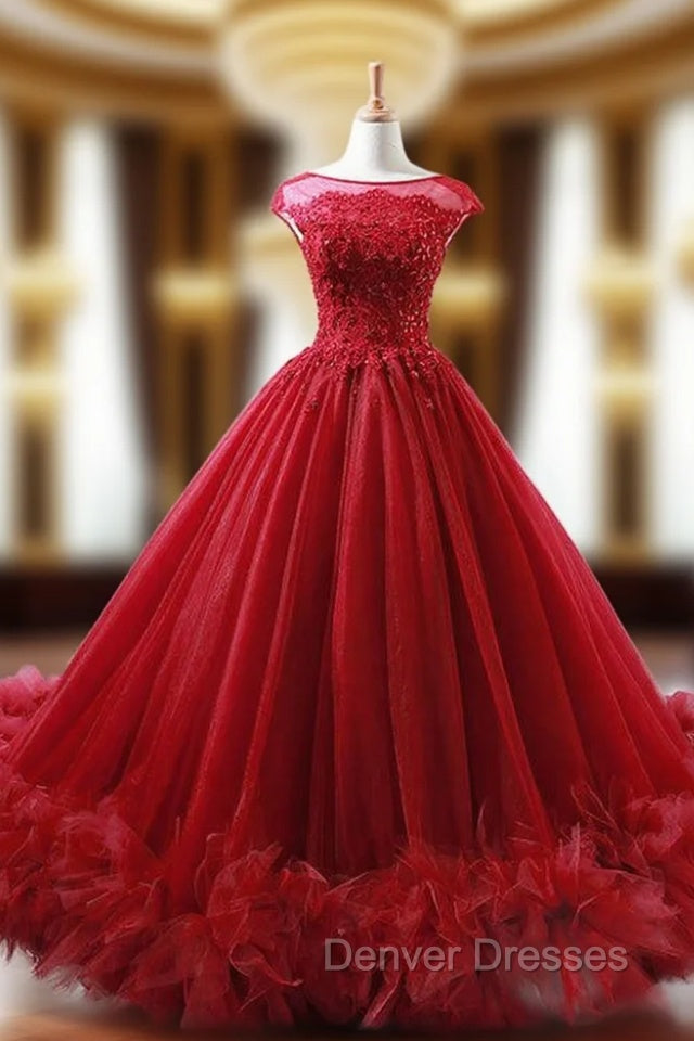 Ball Gown Burgundy Tulle Appliques Backless Wedding Dress Main image