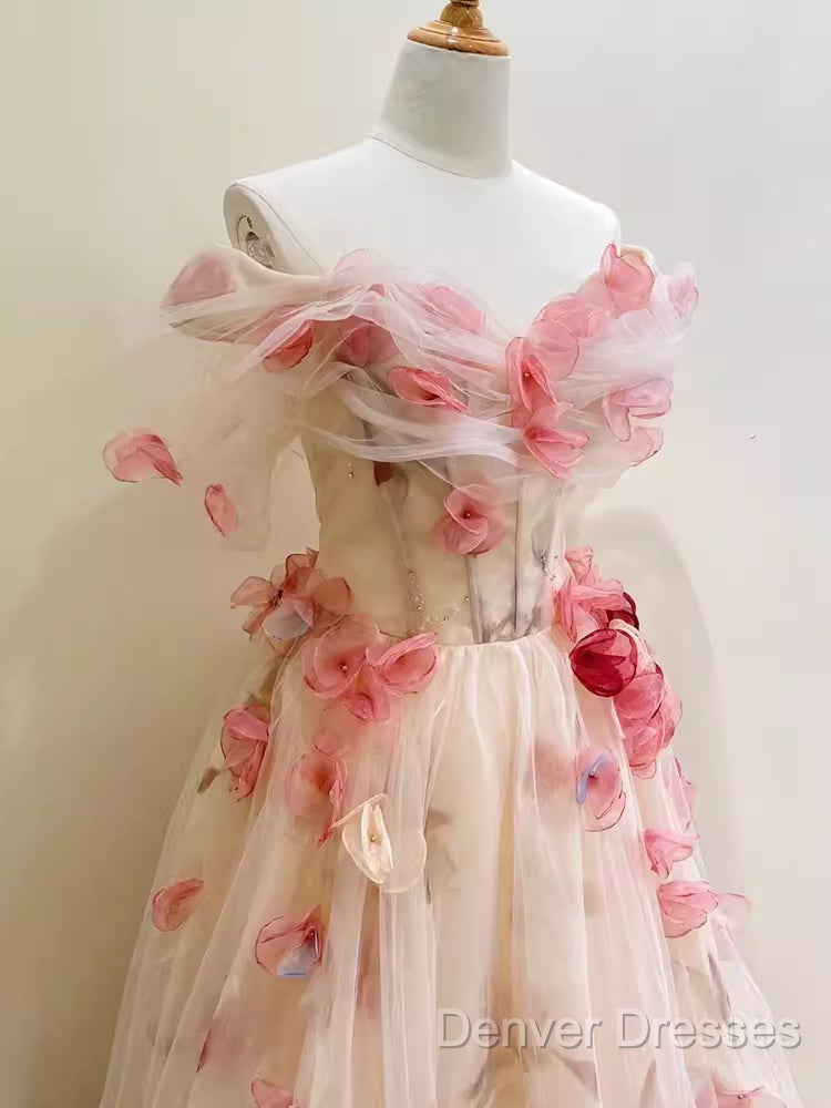 Ball Gown Champagne Floral Prom Dress Long Party Dress