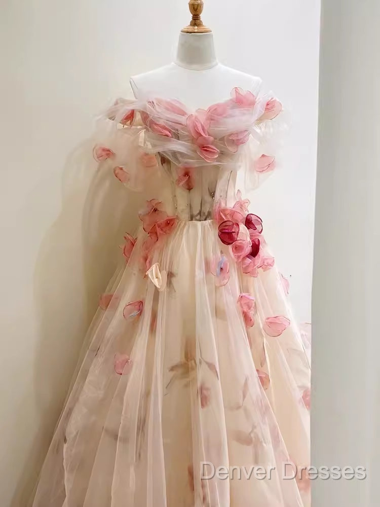 Ball Gown Champagne Floral Prom Dress Long Party Dress