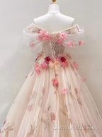Ball Gown Champagne Floral Prom Dress Long Party Dress