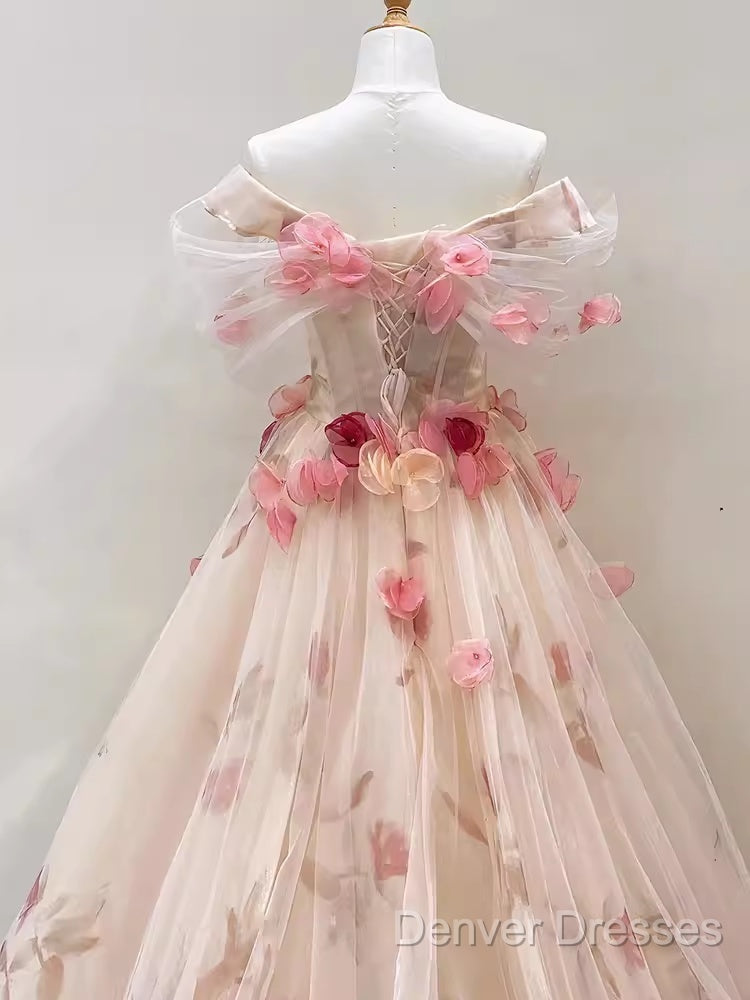 Ball Gown Champagne Floral Prom Dress Long Party Dress