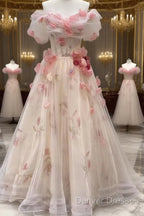 Ball Gown Champagne Floral Prom Dress Long Party Dress