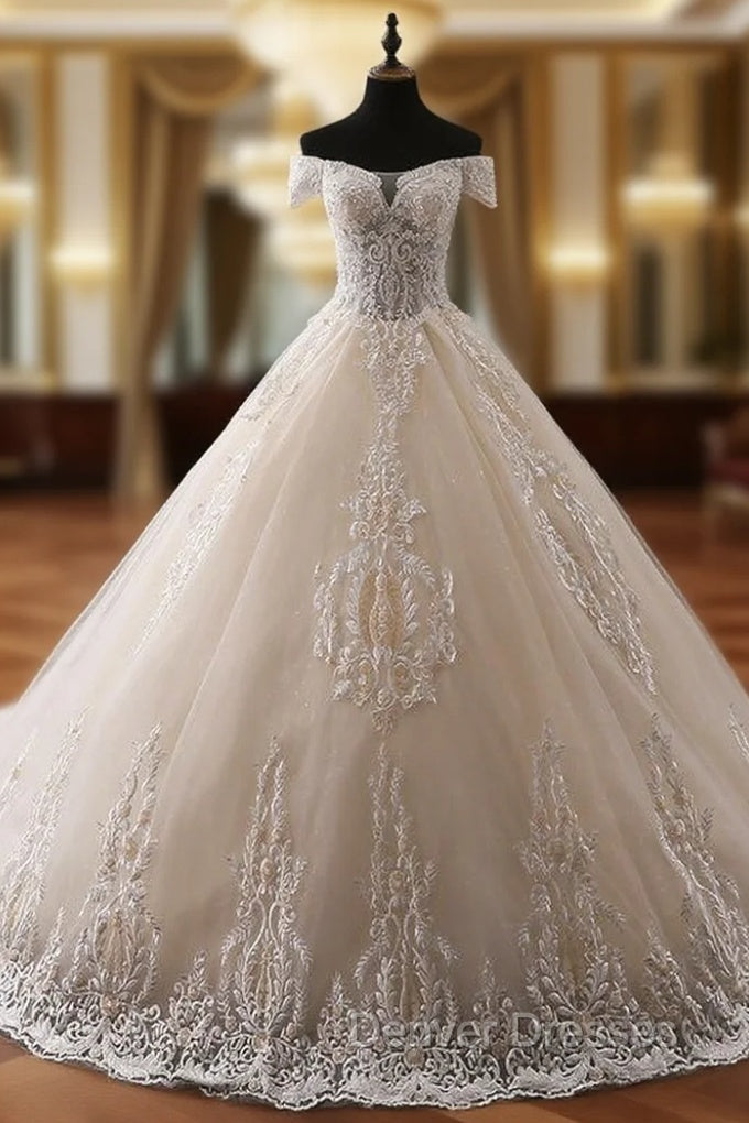 Ball Gown Champagne Off The Shoulder Tulle Appliques Wedding Dress