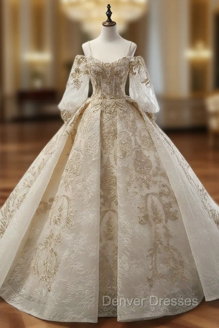 Ball Gown Champagne Tulle Gold Lace Appliques Ruff Sleeve Wedding Dress Main image