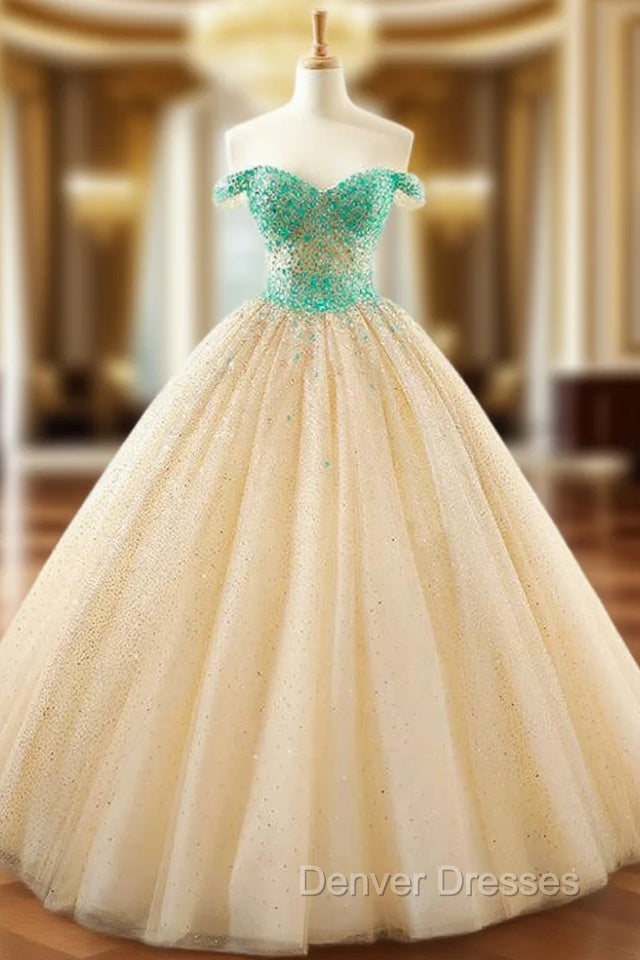 Ball Gown Champagne Tulle Sequins Off The Shoulder Wedding Dress