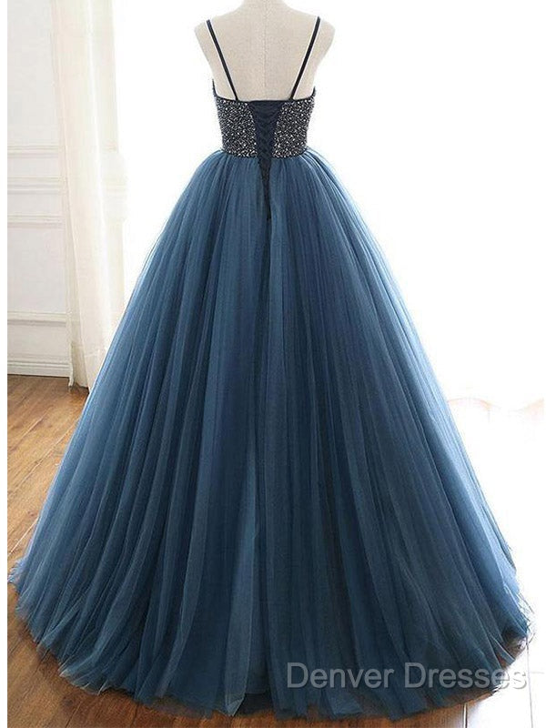 Ball Gown Deep Blue Tulle Prom Dress Evening Dress With Beading,