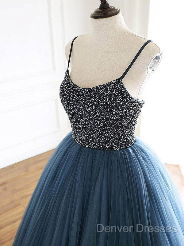 Ball Gown Deep Blue Tulle Prom Dress Evening Dress With Beading,