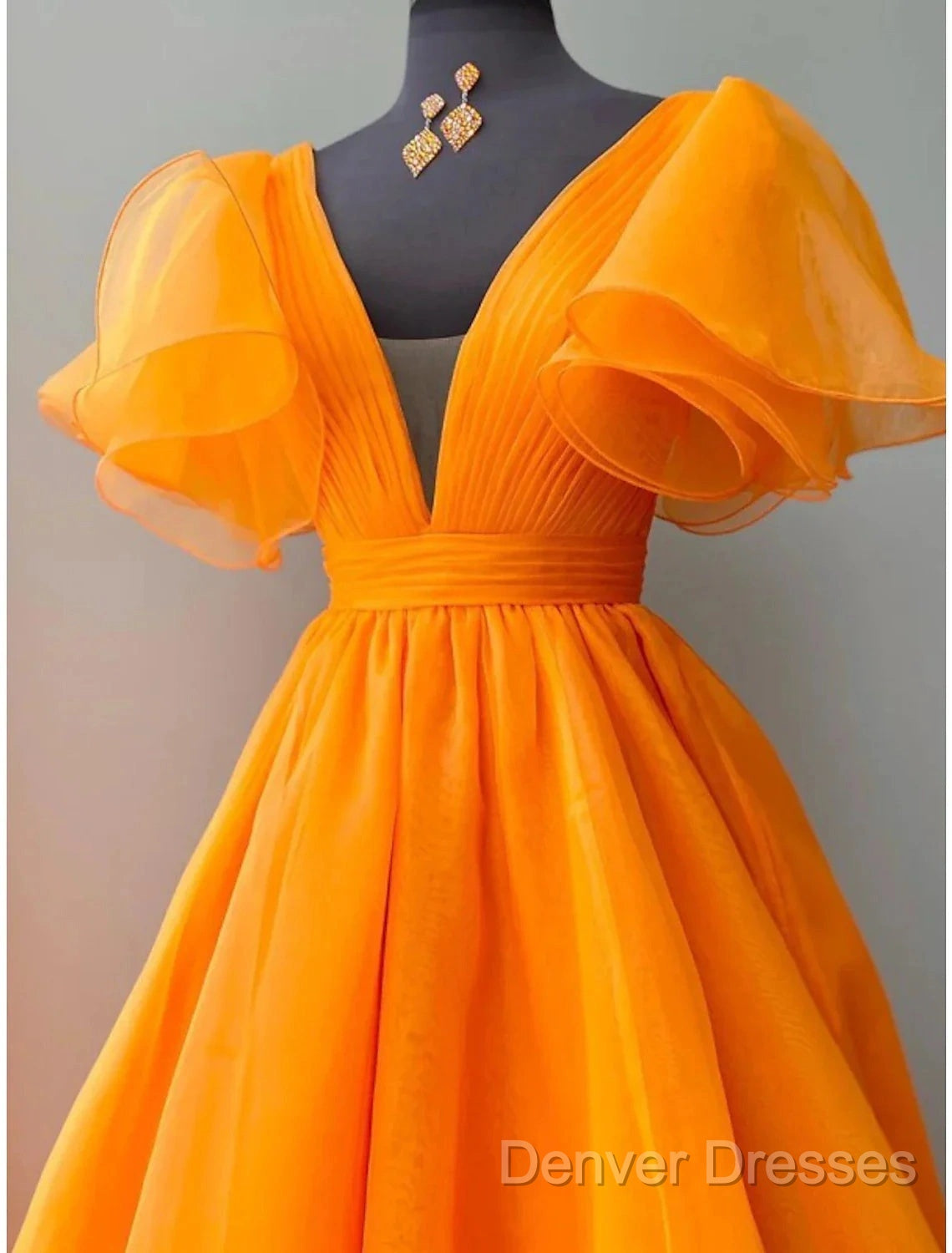 Ball Gown Evening Gown Celebrity Style Dress Wedding Party Dress Floor Length Short Sleeve V Neck Fall Wedding Guest Organza With Pleats Ruffles Secondary image