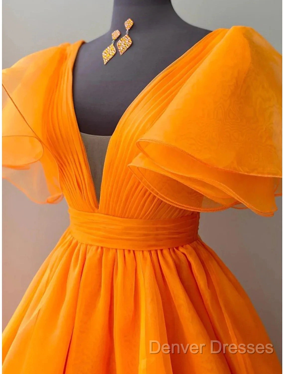 Ball Gown Evening Gown Celebrity Style Dress Wedding Party Dress Floor Length Short Sleeve V Neck Fall Wedding Guest Organza With Pleats Ruffles