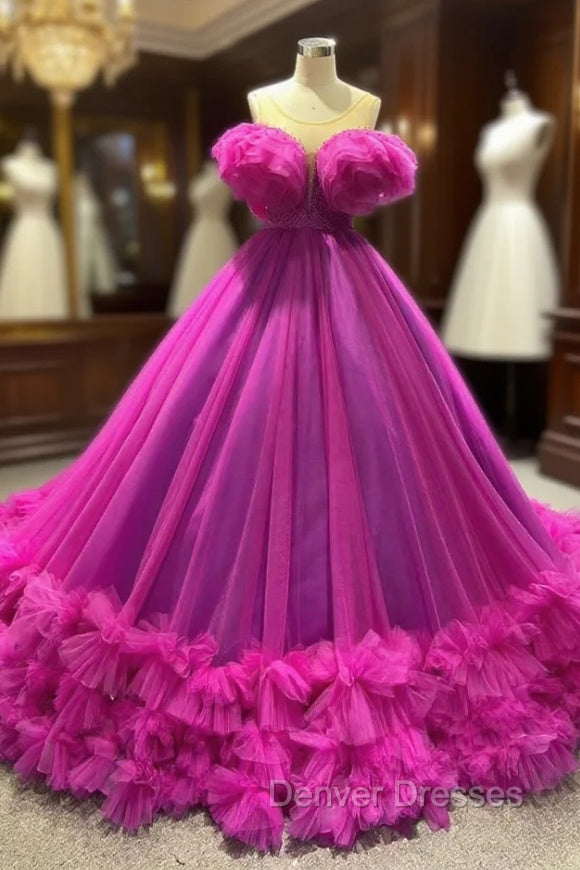 Ball Gown Fuchsia Tulle Pearls Prom Dress Main image