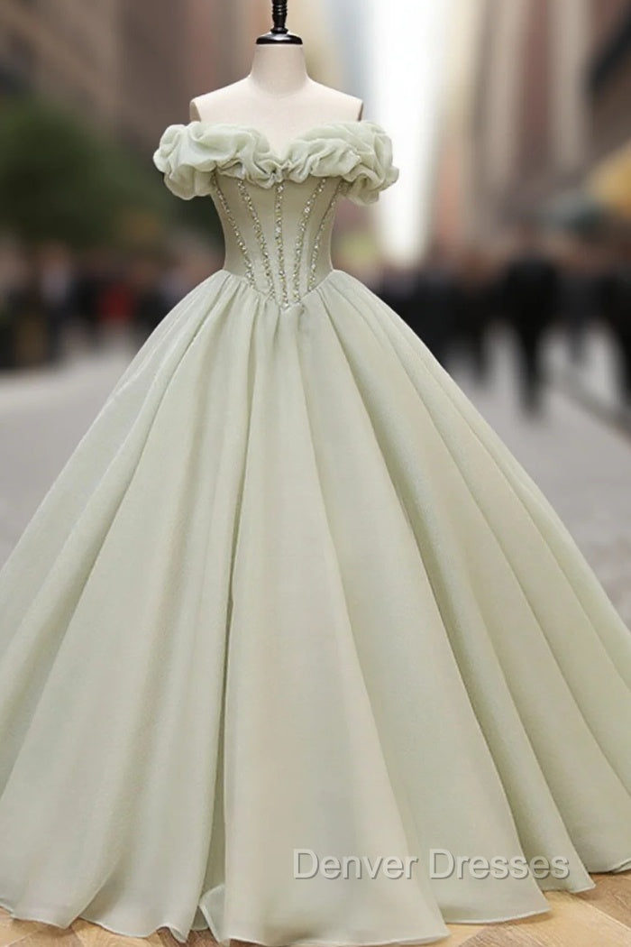 Ball Gown Green Long Prom Dress, Green Formal Sweet 16 Dress with Beading