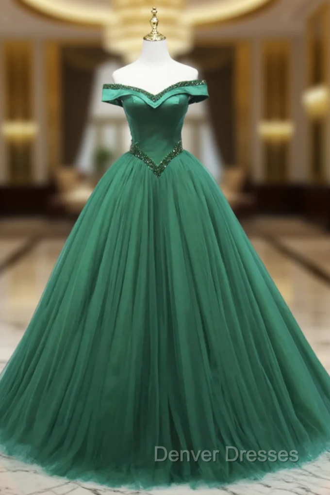 Ball Gown Green Tulle Off the Shoulder Beading Prom Dress Main image