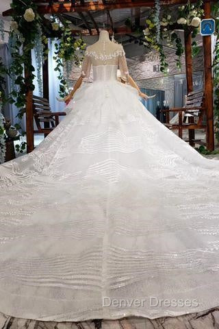 Ball Gown Half Sleeves Lace Bridal Dress With Sequins, Princess Long Wedding Dress