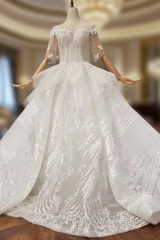 Ball Gown Half Sleeves Lace Bridal Dress With Sequins, Princess Long Wedding Dress Main image
