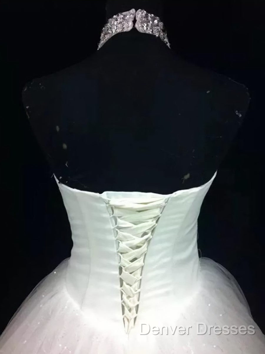Ball-Gown Halter Beading Floor-Length Tulle Wedding Dress