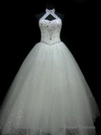 Ball-Gown Halter Beading Floor-Length Tulle Wedding Dress
