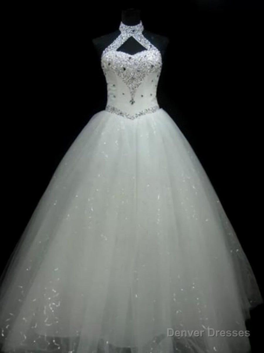 Ball-Gown Halter Beading Floor-Length Tulle Wedding Dress