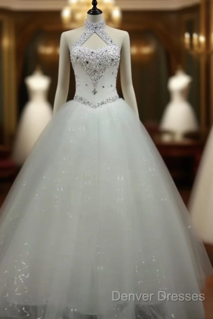 Ball-Gown Halter Beading Floor-Length Tulle Wedding Dress Main image