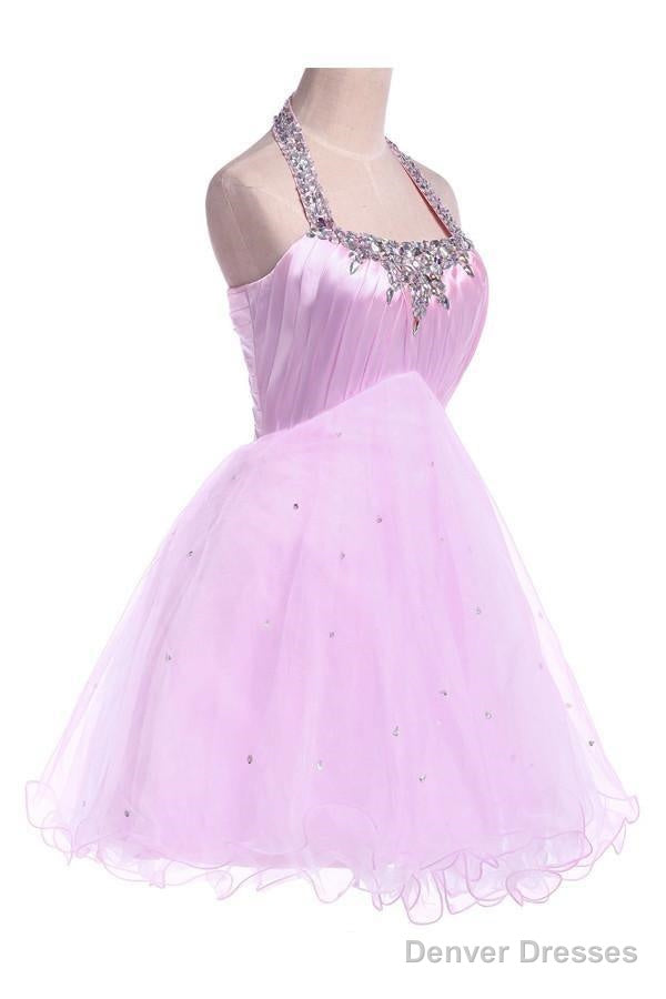 Ball Gown Halter Knee Length Satin Tulle Homecoming Dress With Beading Secondary image