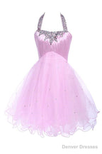 Ball Gown Halter Knee Length Satin Tulle Homecoming Dress With Beading