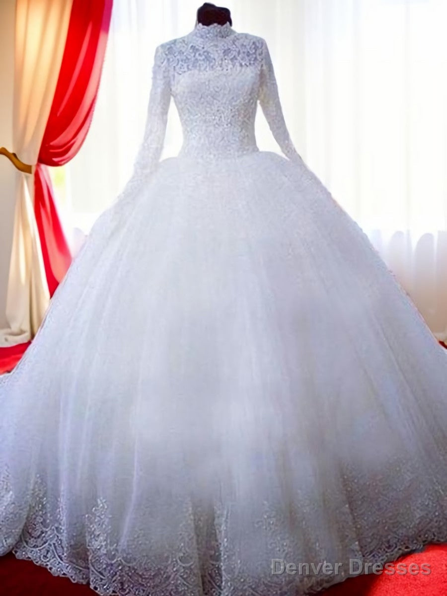 Ball-Gown High Neck Long Sleeves Lace Chapel Train Tulle Wedding Dress Main image