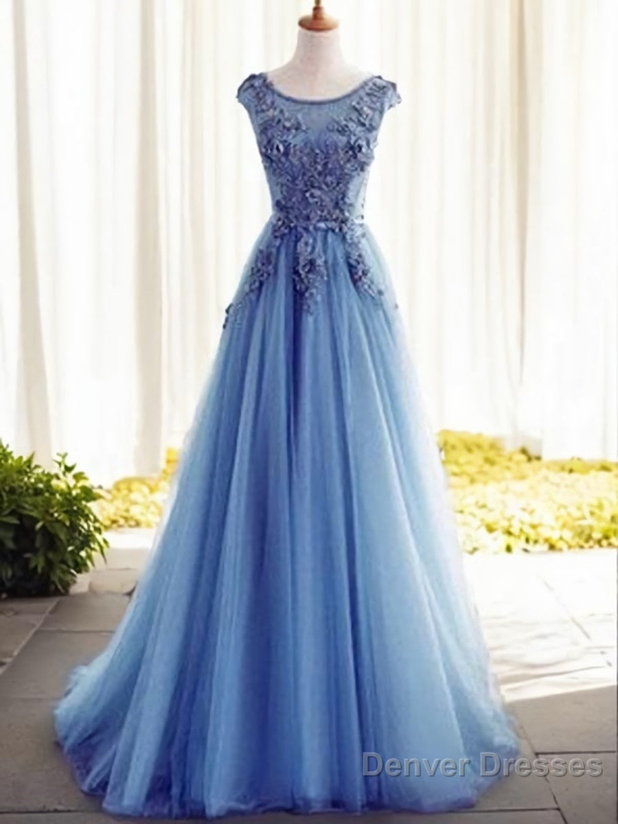 Ball Gown Jewel Sweep Train Tulle Evening Dresses With Appliques Lace Main image