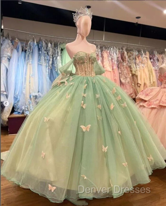 Ball Gown Light Green Tulle Quinceanera Dress With Butterflies