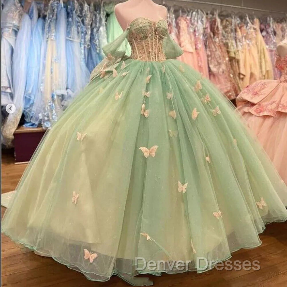 Ball Gown Light Green Tulle Quinceanera Dress With Butterflies
