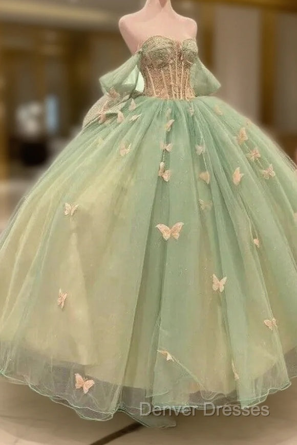 Ball Gown Light Green Tulle Quinceanera Dress With Butterflies