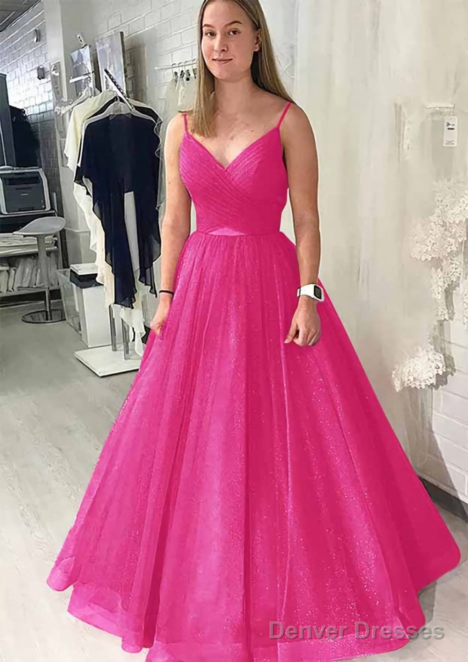 Ball Gown Long/Floor-Length Sparkling Tulle Prom Dresses With Pleated