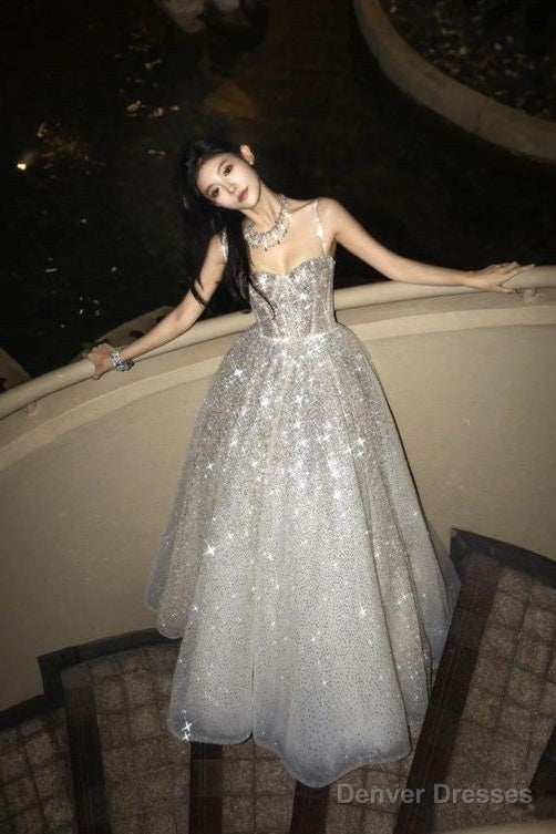 Ball Gown Long Prom Dress Straps Sequin Silver Evening Dress Main image