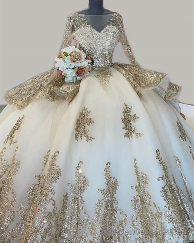 Ball Gown Long Sleeve Quinceanera Dresses With Gold Lace Secondary image