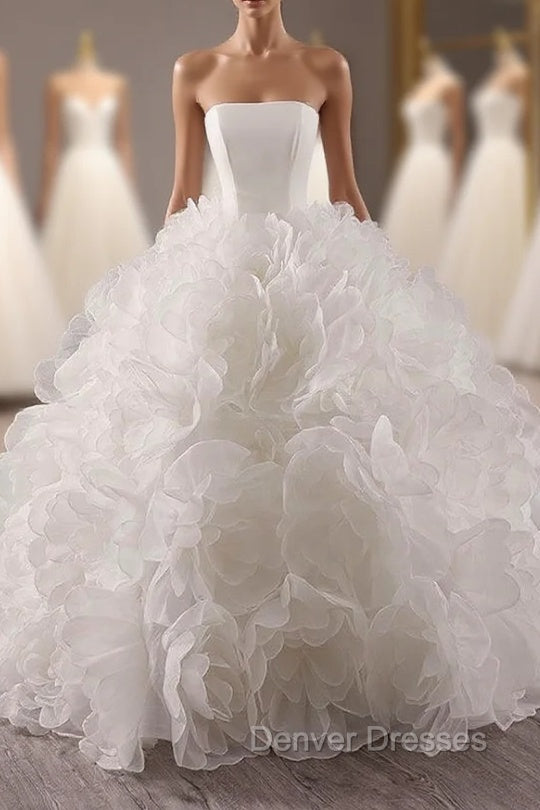 Ball Gown Luxury White Tulle 3D Flower Wedding Dress