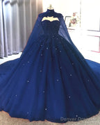 Ball Gown  Navy Blue Tulle Lace Crystals Quinceanera Dresses With Cape