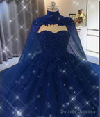 Ball Gown  Navy Blue Tulle Lace Crystals Quinceanera Dresses With Cape