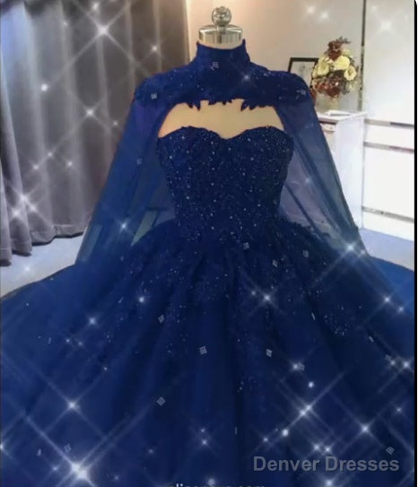 Ball Gown  Navy Blue Tulle Lace Crystals Quinceanera Dresses With Cape