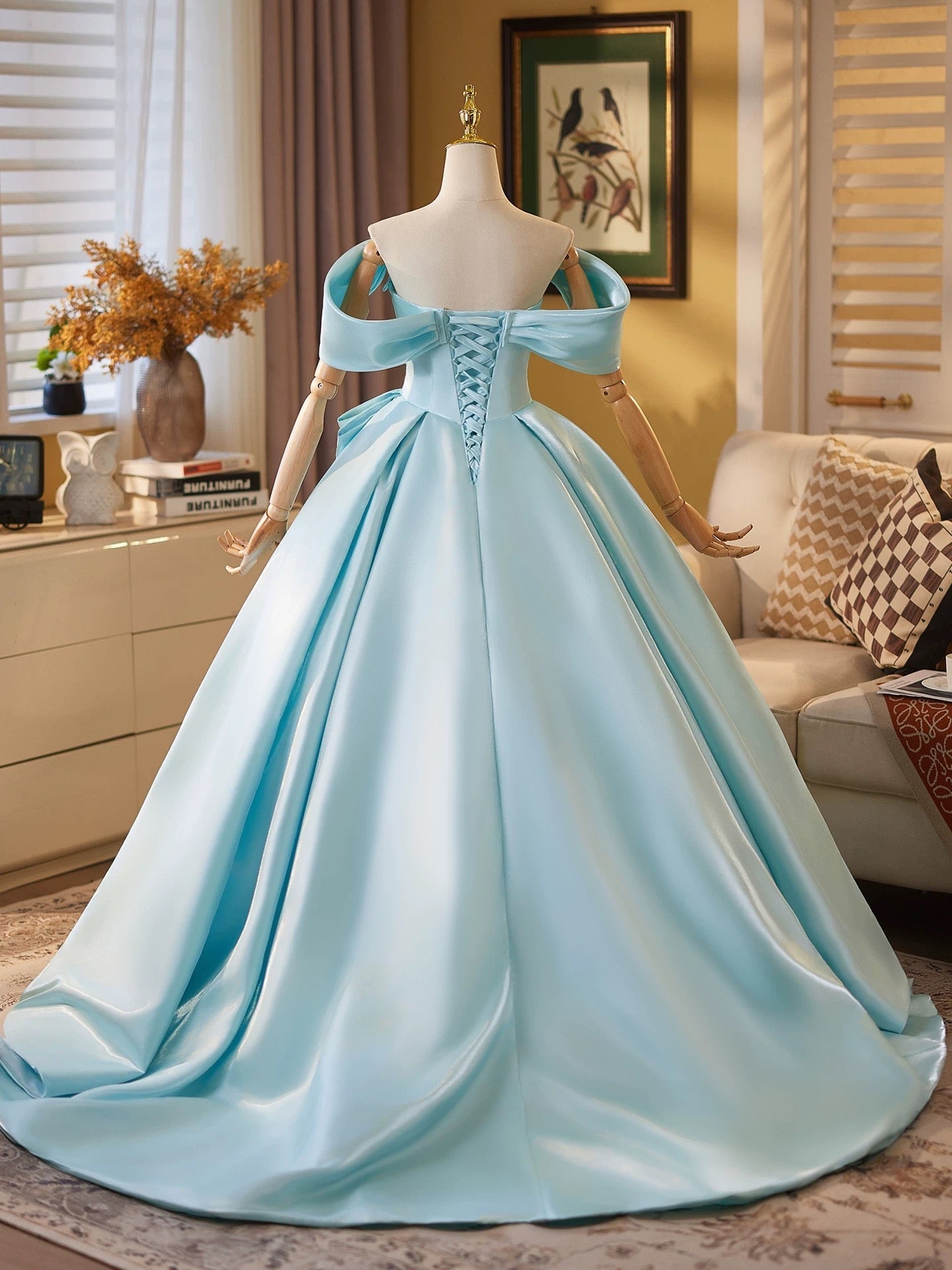Ball Gown Off Shoulder A-Line Satin Sweep Train Blue Long Prom Dress Secondary image