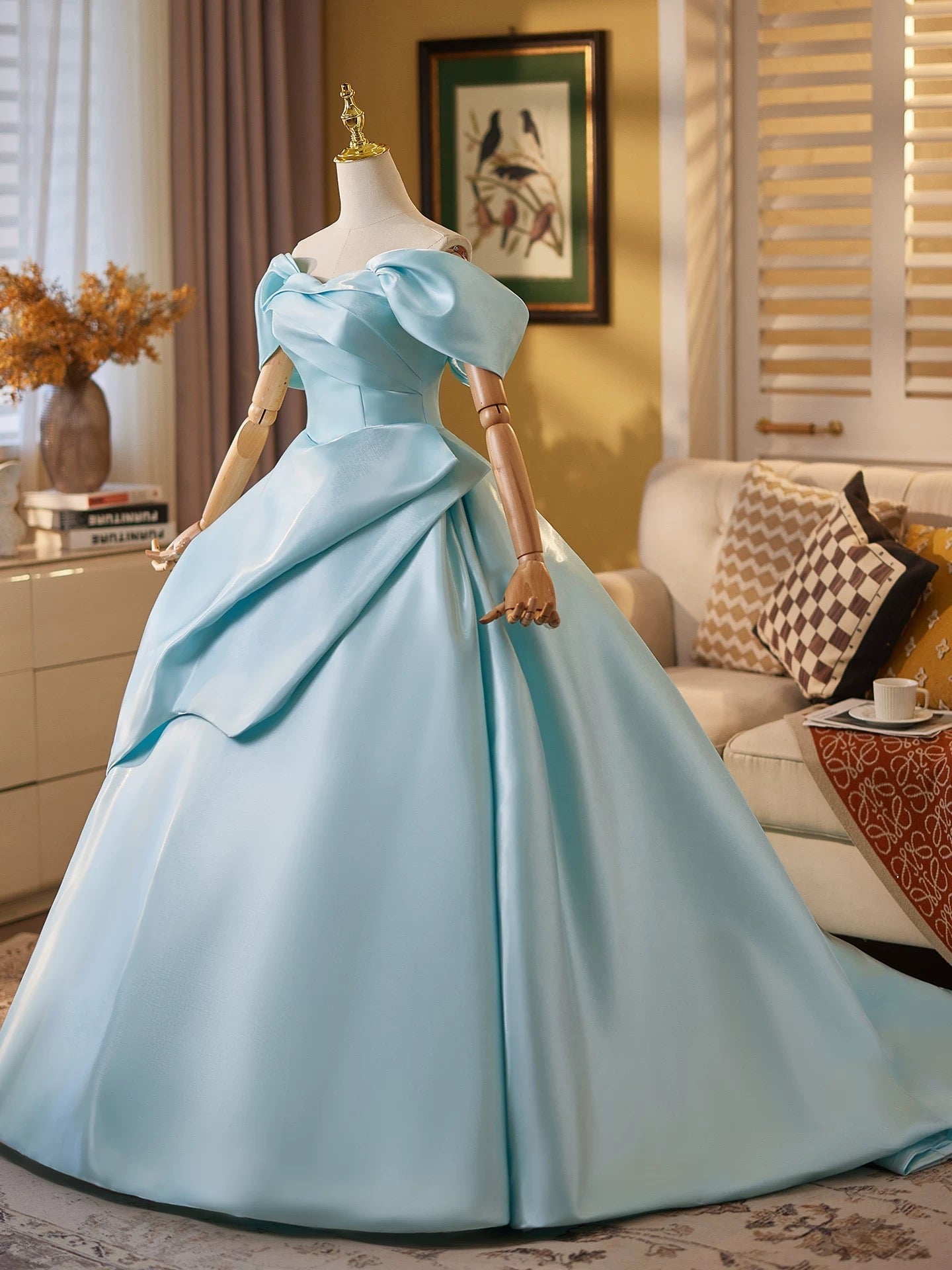 Ball Gown Off Shoulder A-Line Satin Sweep Train Blue Long Prom Dress