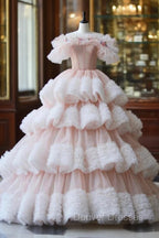 Ball Gown Off Shoulder Pink Tulle Long Prom Dress, Sweet 16 Dress
