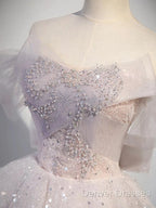 Ball Gown Off Shoulder Tulle Sequin Light Pink Long Prom Dress