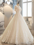 Ball-Gown Off-The-Shoulder 1/2 Sleeves Appliques Lace Floor-Length Tulle Wedding Dress