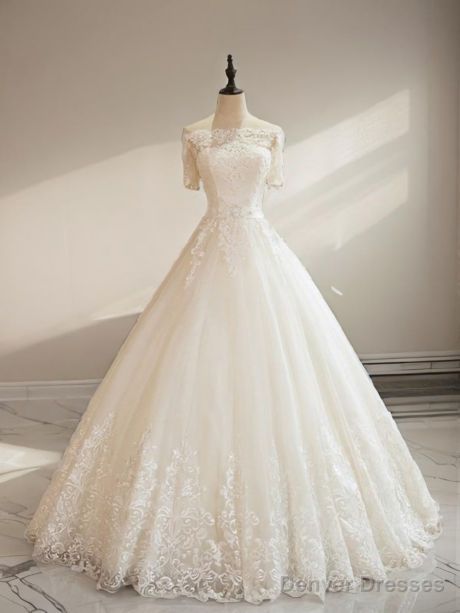 Ball-Gown Off-The-Shoulder 1/2 Sleeves Appliques Lace Floor-Length Tulle Wedding Dress