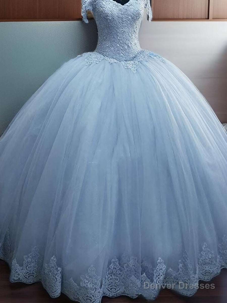 Ball-Gown Off-the-Shoulder Appliques Lace Floor-Length Tulle Dress Main image