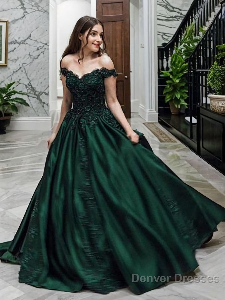 Ball Gown Off-the-Shoulder Floor-Length Satin Prom Dresses With Appliques Lace Main image